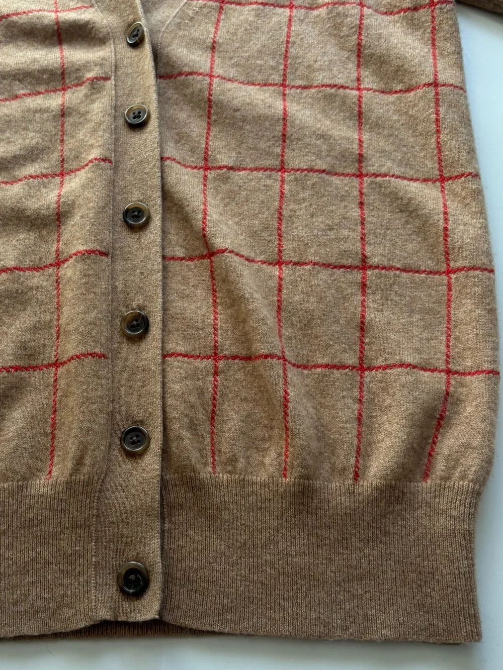 J Crew wool cashmere blend windowpane plaid cardigan Small tan red v neck